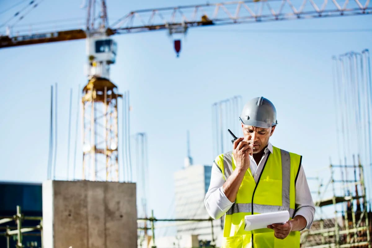 Construction worker on a walkie talkie with a crane in the background 1200x800