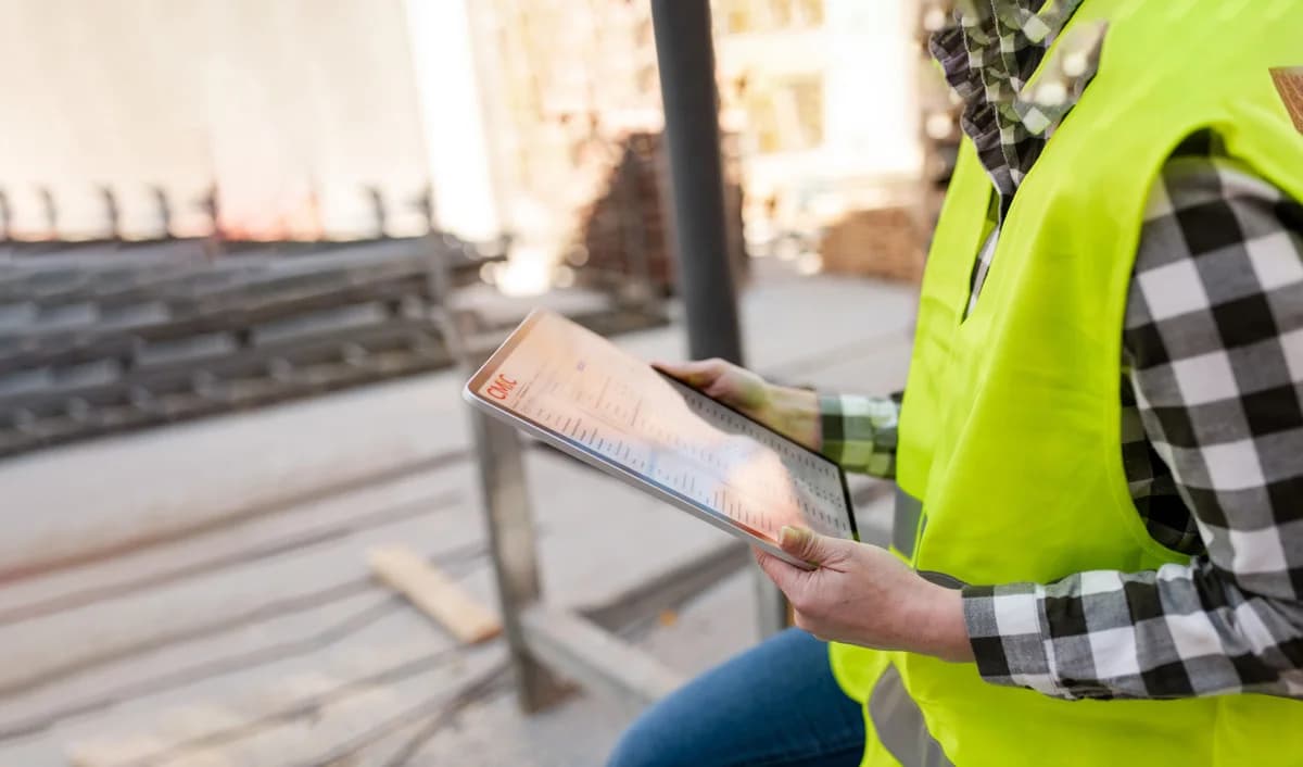 Construction worker looking at an iPad