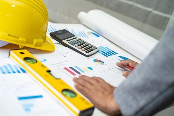 Yellow construction helmet on a table with drawings