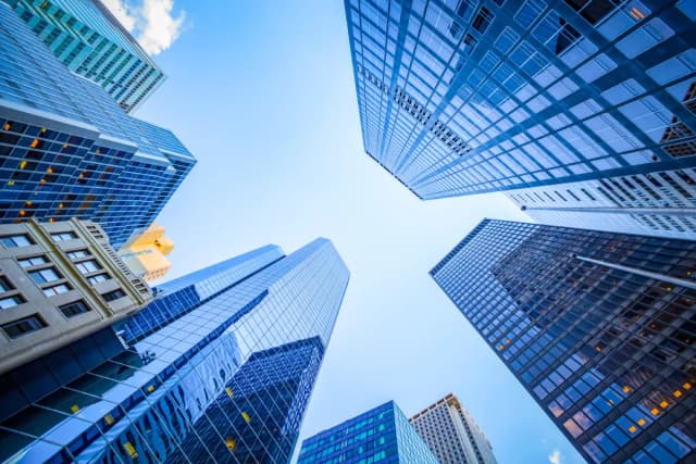 Blue buildings against a blue sky 1200x800