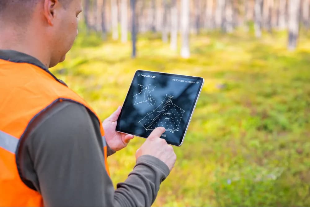 Over the shoulder shot of construction worker looking at an iPad