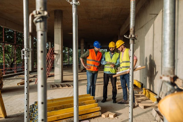 Three construction workers on site looking at document 1200x801