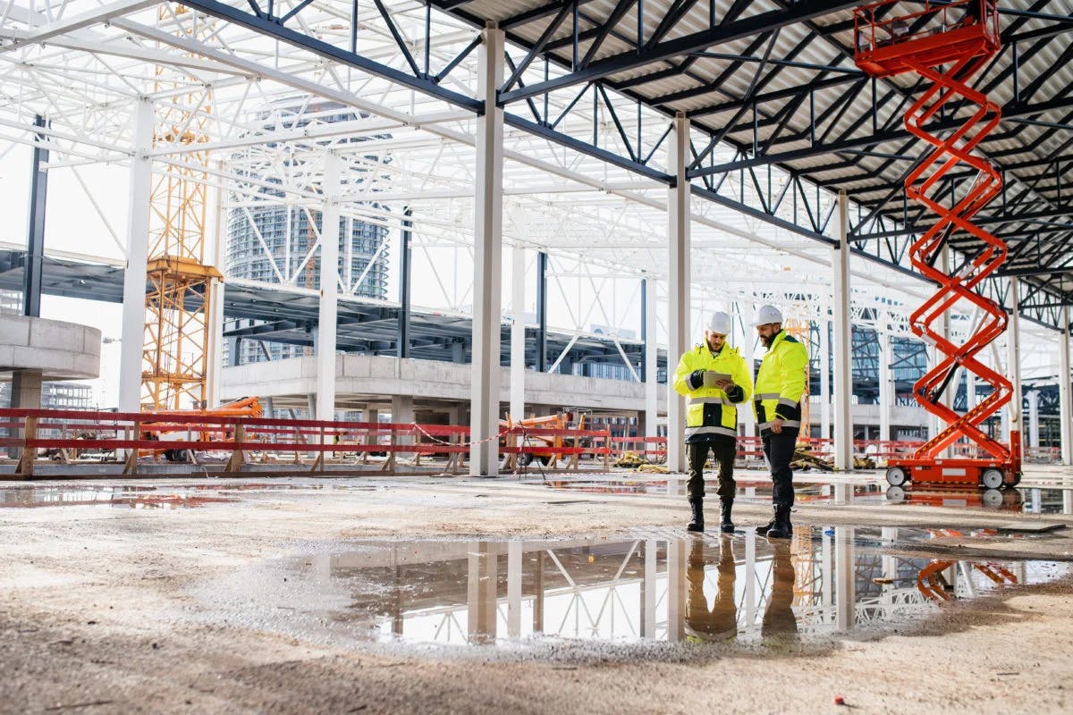 Two construction executives looking at an iPad on a site 1200x800